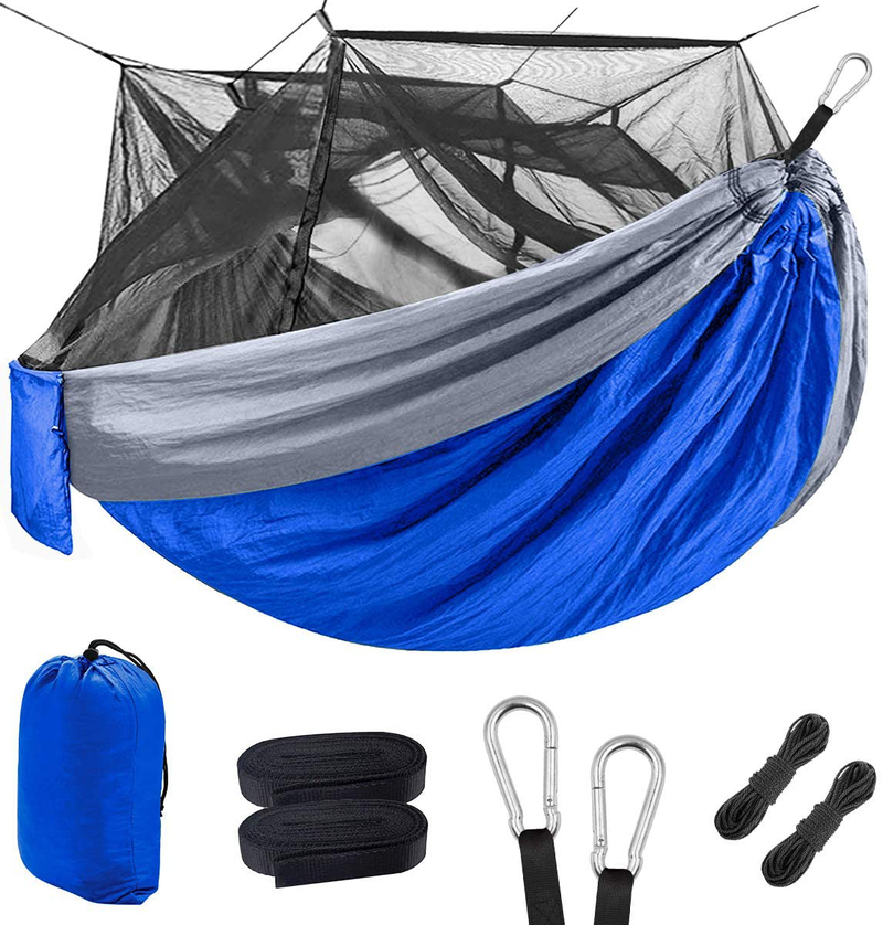 Single & Double Camping Hammock with Mosquito/Bug Net, Portable Parachute Nylon Hammock with 10Ft Hammock Tree Straps 17 Loops and Easy Assembly Carabiners, for Camping, Backpacking, Travel, Hiking Sporting Goods > Outdoor Recreation > Camping & Hiking > Mosquito Nets & Insect Screens Zoocee Royal Blue & Grey One person 