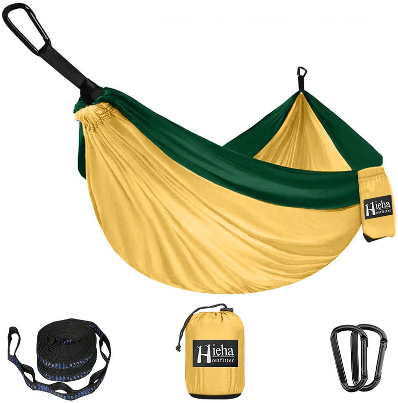 Hieha Camping Hammock - Single Parachute Hammock (2 Tree Straps & D-Shaped Carabiners 5+1 Loops/13ft Included) Lightweight Nylon Portable Hammock for Hiking, Travel, Backpacking, Beach, Yard Gear