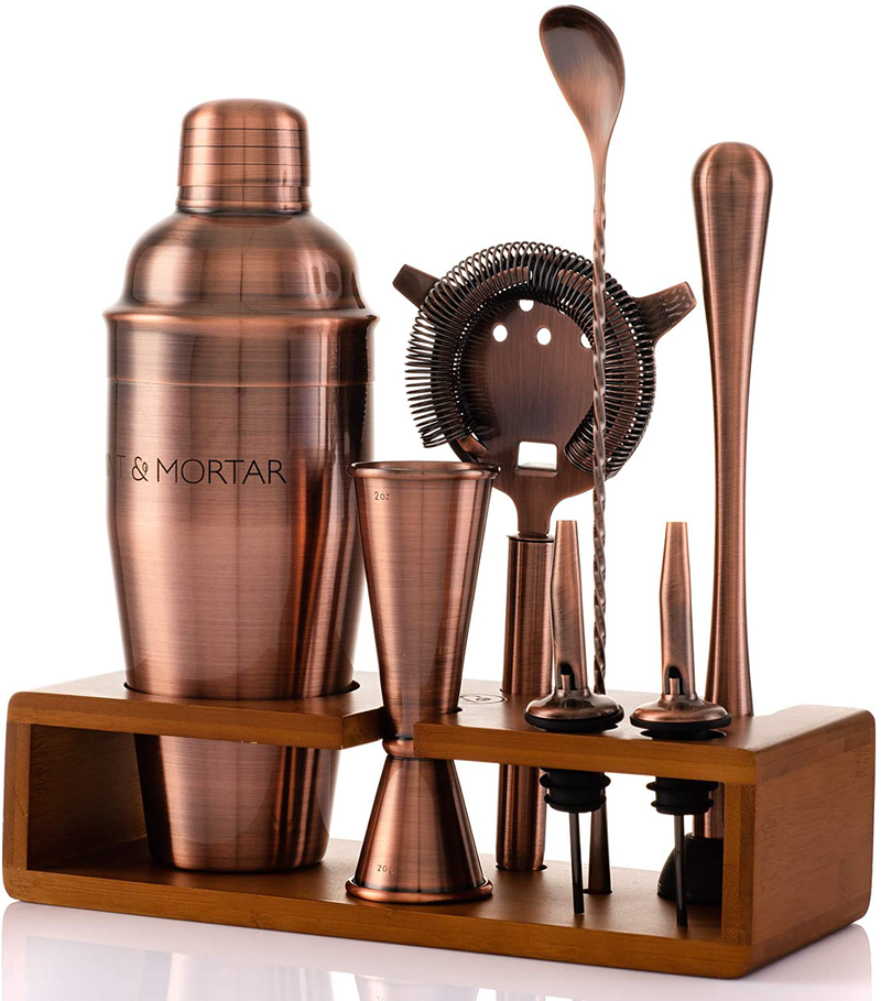 Mint&Mortar 7-Piece Cocktail Shaker Set with Bamboo Stand Stainless Steel Mixology Bartender Kit with Bar Tools for the home & professional Great Martini/Margarita 24oz mixer in Unique Brushed Copper Home & Garden > Kitchen & Dining > Barware Mint & Mortar Brushed Copper  