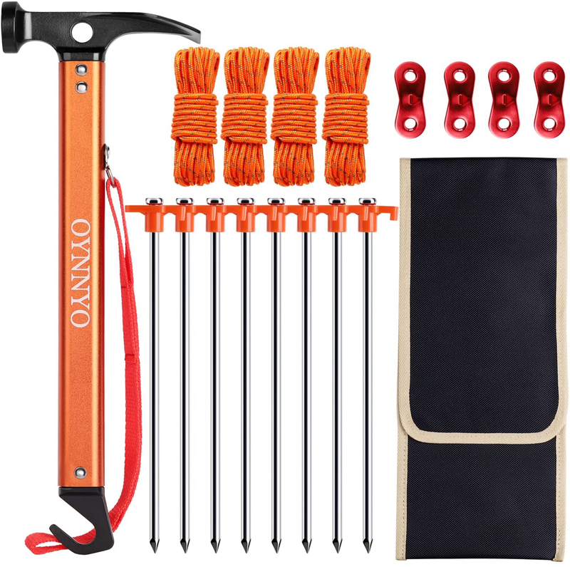 OYNNYO Camping Accessories Kit, 8Pcs 10In Heavy Duty Tent Stakes + 12In Heavy Duty Camping Hammer(Orange) + 4 Pack 9.8Ft Tent Rope with Aluminum Cord Adjuster + Storage Bag Sporting Goods > Outdoor Recreation > Camping & Hiking > Tent Accessories OYNNYO   