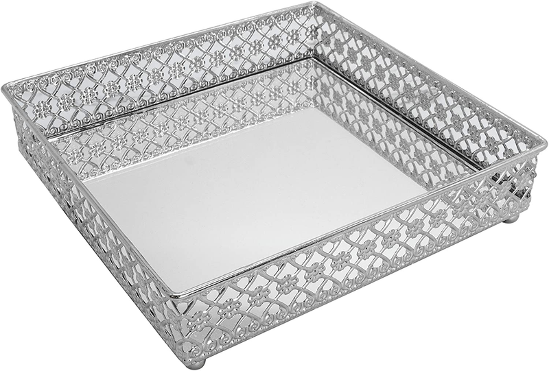 Mirrored Tray, Perfume Tray, Square Metal Ornate Tray, Vanity Jewelry Tray, Serving Tray, Decorative Tray (Set of 1, 8.25", Metal Gun) Home & Garden > Decor > Decorative Trays Tricune Silver Set of 1, 8.25" 