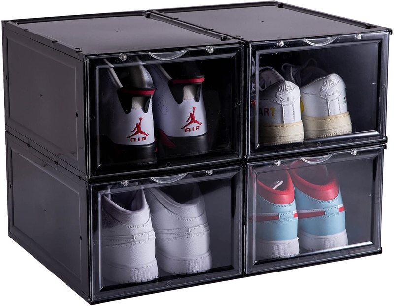 SOGOBOX Drop Front Shoe Box,Set of 8,Foldable Stackable Plastic Shoe Box, as Shoe Box Storage Containers and Shoe Organizer Containers with Lids for Women/Men, Fit up to US Size 12(13.8”X 9.84”X 7.1”) Furniture > Cabinets & Storage > Armoires & Wardrobes SOGOBOX Black - Handle 4 