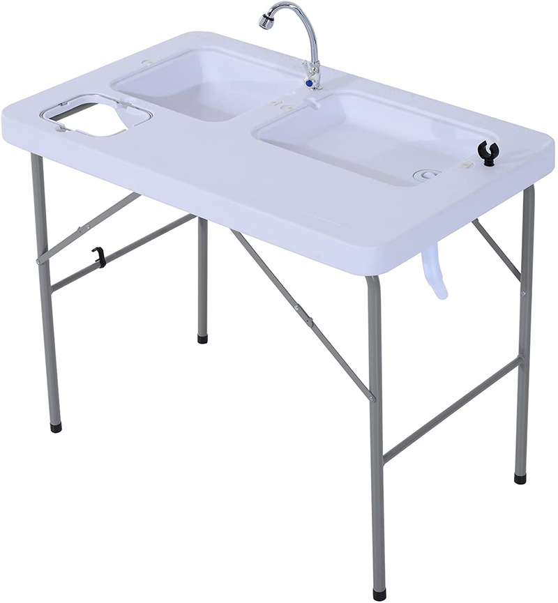 Outsunny Portable Folding Camping Sink Table with Faucet and Dual Water Basins, Outdoor Fish Table Sink, 40'' Sporting Goods > Outdoor Recreation > Camping & Hiking > Camp Furniture Outsunny   