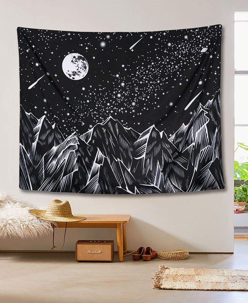 Neasow Moon Mountain Tapestry Wall Hanging, Black and White Nature Starry Night Sky Stars Tapestry with Meteor and Galaxy Bedroom Home Wall Decor 60×80 inches Home & Garden > Decor > Artwork > Decorative Tapestries Neasow   