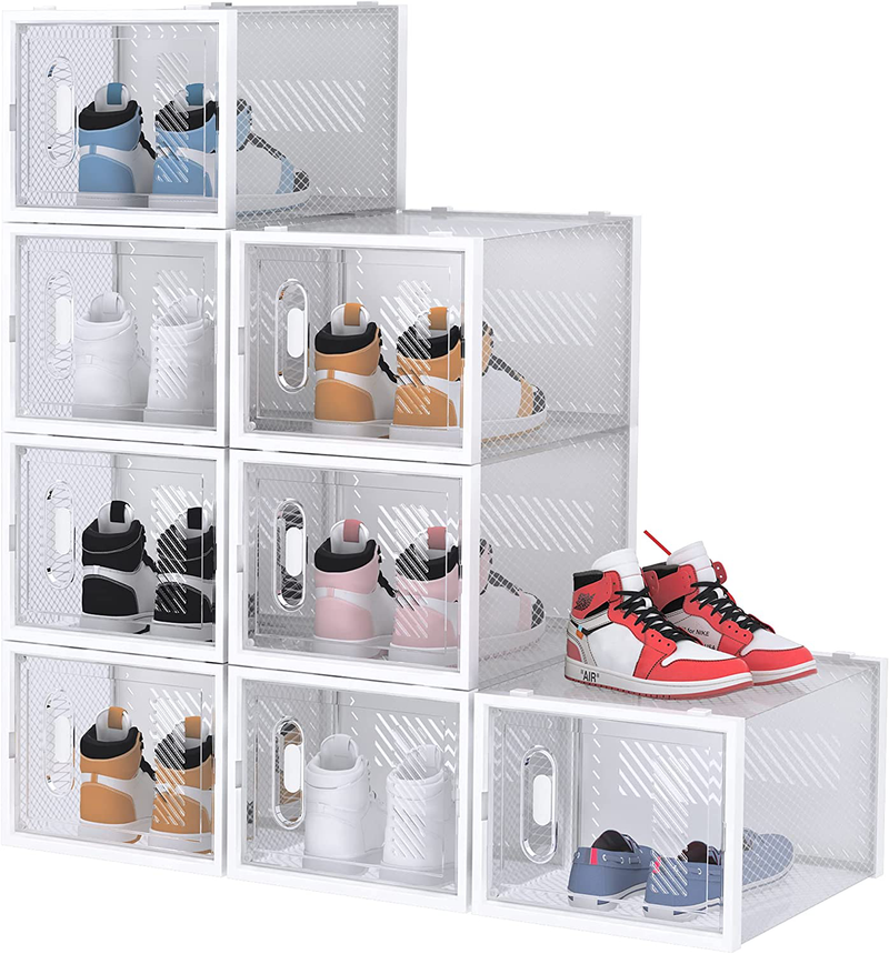 Shoe Box, 8 Pack Large Shoe Storage Boxes Clear Plastic Stackable, Shoe Organizer Containers with Lids for Size 13 Furniture > Cabinets & Storage > Armoires & Wardrobes HOMIDEC XL  