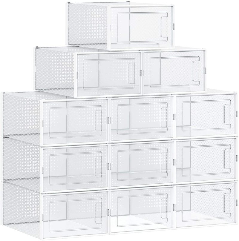 SONGMICS Shoe Boxes, Pack of 12 Shoe Storage Organizers, Stackable Clear Plastic Boxes for Closet, Sneakers, 9.1 X 13.1 X 5.5 Inches, Fit up to US Size 8.5, Transparent and Black ULSP006B12 Furniture > Cabinets & Storage > Armoires & Wardrobes SONGMICS Transparent + White 9.8 x 13.8 x 7.3 Inches 