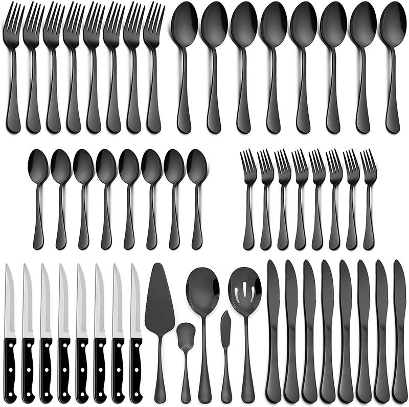 LIANYU 53-Piece Silverware Set with Steak Knives and Serving Utensils, Stainless Steel Flatware Cutlery Set Service for 8, Eating Utensil Set for Home Party Wedding, Dishwasher Safe, Mirror Finished Home & Garden > Kitchen & Dining > Tableware > Flatware > Flatware Sets LIANYU Black 53 