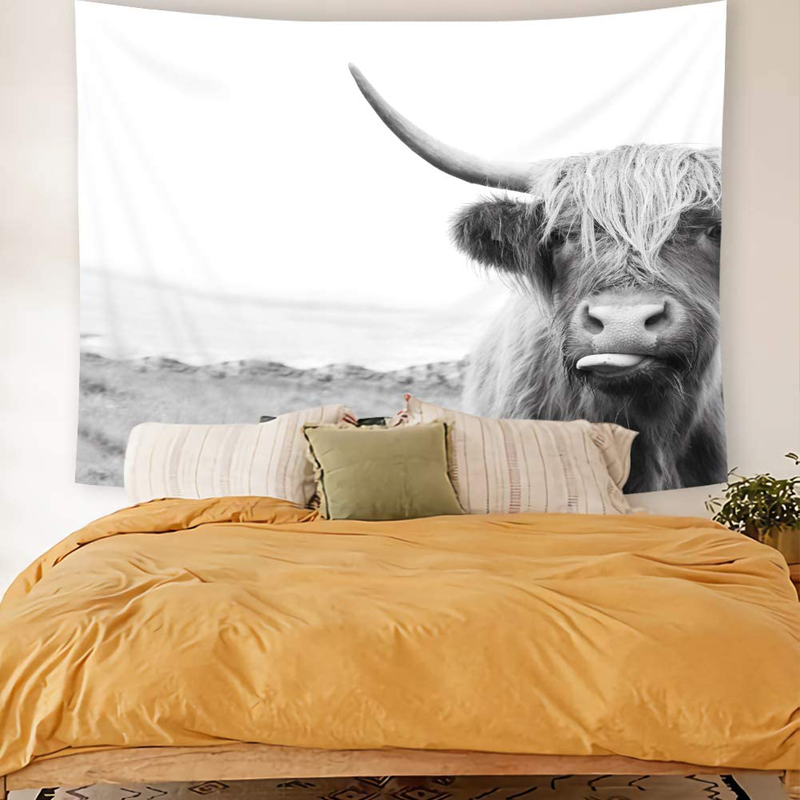 Homewelle Cow Tapestry Animal Highlander 59Wx51H Inch Highland Cattle Bull Portrait Western Cool Funny Farmhouse Cute Sketch Milk Wildlife Aesthetic Wall Hanging Bedroom Living Room Dorm Decor Fabric Home & Garden > Decor > Artwork > Decorative Tapestries Homewelle   
