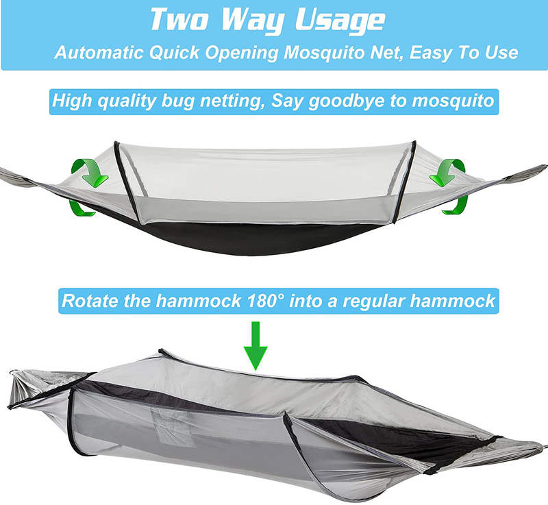 Hammock with Mosquito Net and Balance Spreader bar 2 Person Parachute Fabric Travel Hammock for Outdoor Camping Backpacking Travel Hiking Beach Backyard (Black&Grey) Home & Garden > Lawn & Garden > Outdoor Living > Hammocks AeeCool   