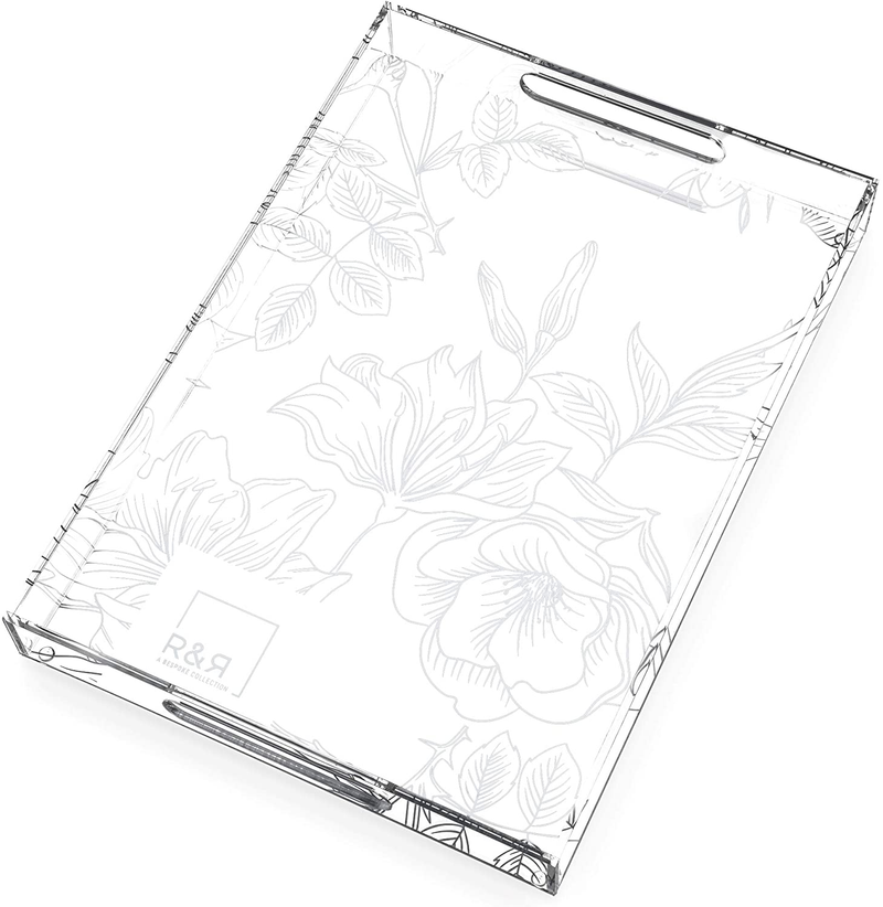R&R Clear Acrylic Tray with Handles - 17" x 12" (Floral). Spillproof Design Makes This The Perfect Large Serving Tray, Vanity Tray, Bathroom Tray, Coffee Table Tray, Bed Tray or Decorative Tray… Home & Garden > Decor > Decorative Trays R&R A Bespoke Collection Clear With White Floral  