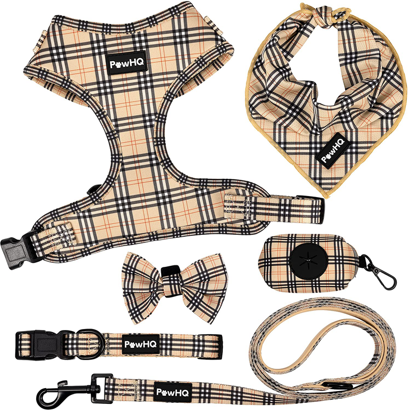 PawHQ 6 Piece Set Dog Harness Collar Leash Bandana Bow Tie Poop Bag Dispenser Holder for Small Medium Dogs Cats Pets and Puppy Starter Kit Adjustable Vest Dog Accessories Supplies Beige Plaid Pattern Animals & Pet Supplies > Pet Supplies > Cat Supplies > Cat Apparel PawHQ Default Title  