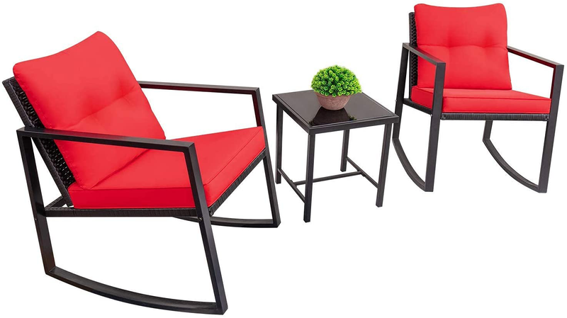 Devoko 3 Piece Rocking Bistro Set Wicker Patio Outdoor Furniture Porch Chairs Conversation Sets with Glass Coffee Table (Beige) Sporting Goods > Outdoor Recreation > Camping & Hiking > Camp Furniture Devoko Red  