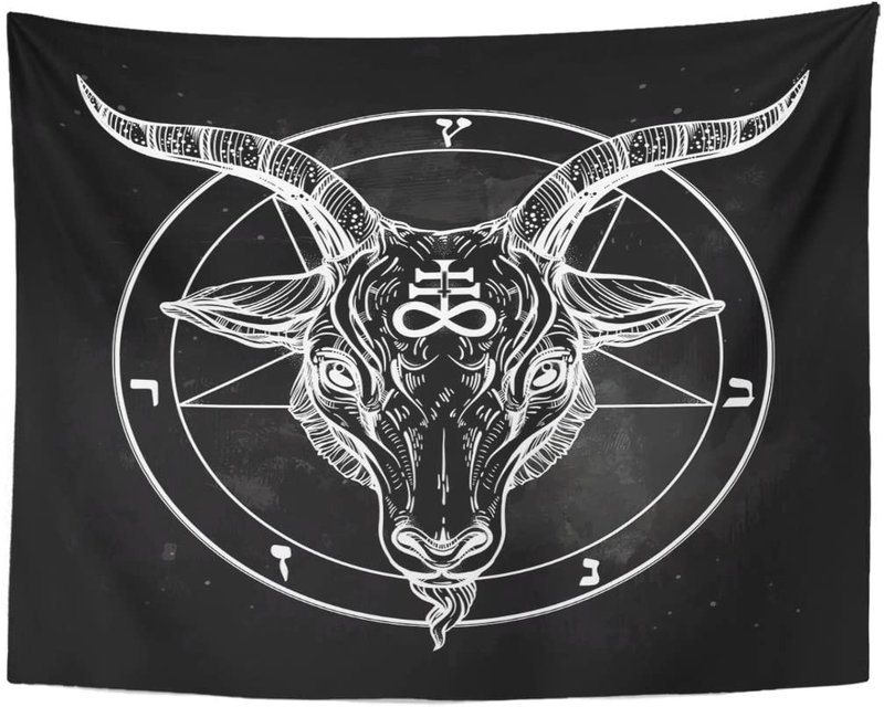 Emvency Tapestry Pentagram with Demon Baphomet Satanic Goat Head Binary Symbol Tattoo Retro Music Summer for Biker Black Home Decor Wall Hanging for Living Room Bedroom Dorm 60x80 Inches Home & Garden > Decor > Artwork > Decorative Tapestries Emvency 60" x 80"  