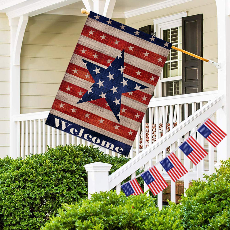 Dyrenson Home Decorative Large 4th of July Patriotic Star House Flag Double Sided, Welcome Quote House Yard Decor, Primitive Outdoor Decorations, USA Vintage Holiday Seasonal Flag 28 x 40 Home & Garden > Decor > Seasonal & Holiday Decorations& Garden > Decor > Seasonal & Holiday Decorations Dyrenson   