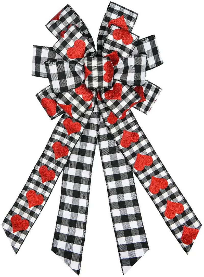 Threetols Large Valentine'S Day Wreath Bows, Black and White Buffalo Plaid Bows Wreath for Front Door Valentine Red Glitter Heart Decoration Bows for Indoor Outdoor Holiday Wedding Party Decoration Home & Garden > Decor > Seasonal & Holiday Decorations Threetols   