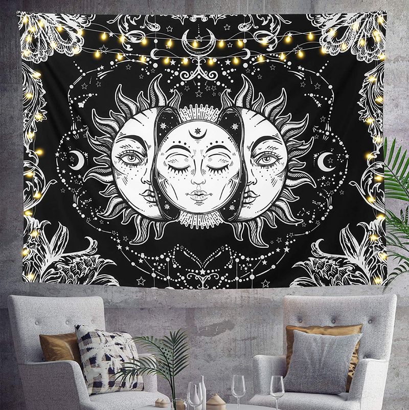 HOMKUMY Wall Tapestry, Moon and Sun Black White Hippie Tapestry Bohemian Psychedelic Indian Wall Hanging Popular Mystic Art Tapestry for Home Decor Bedroom Living Room Coverlet Curtain, Medium 59x51" Home & Garden > Decor > Artwork > Decorative Tapestries HOMKUMY 59x51"  