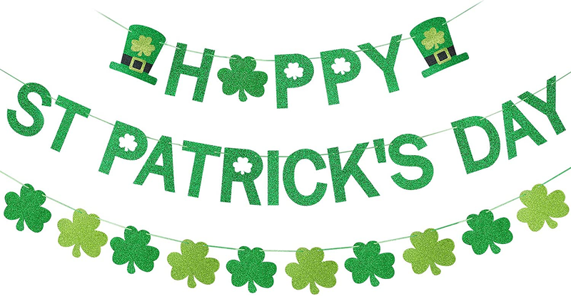Happy St. Patrick’S Day Banner Green Glitter and St Patricks Day Shamrock Clover Garland Decorations for Saint Pattys Day Banner, Happy St Patricks Day Decorations,Irish Lucky Day Party Decorations Supplies
