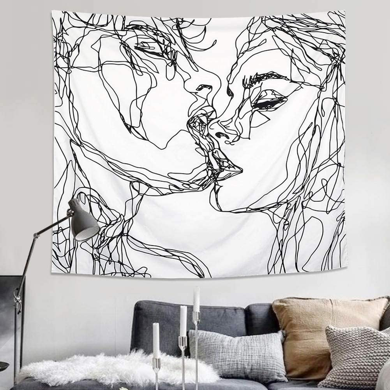 Ruibo Women/Men Abstract Sketch Art Kiss Lovers Tapestry/Kissing Tapestry Wall Hanging Black and White Line Art Tapestry, Beach Throw(RB-K-2)(W:59" H:51")