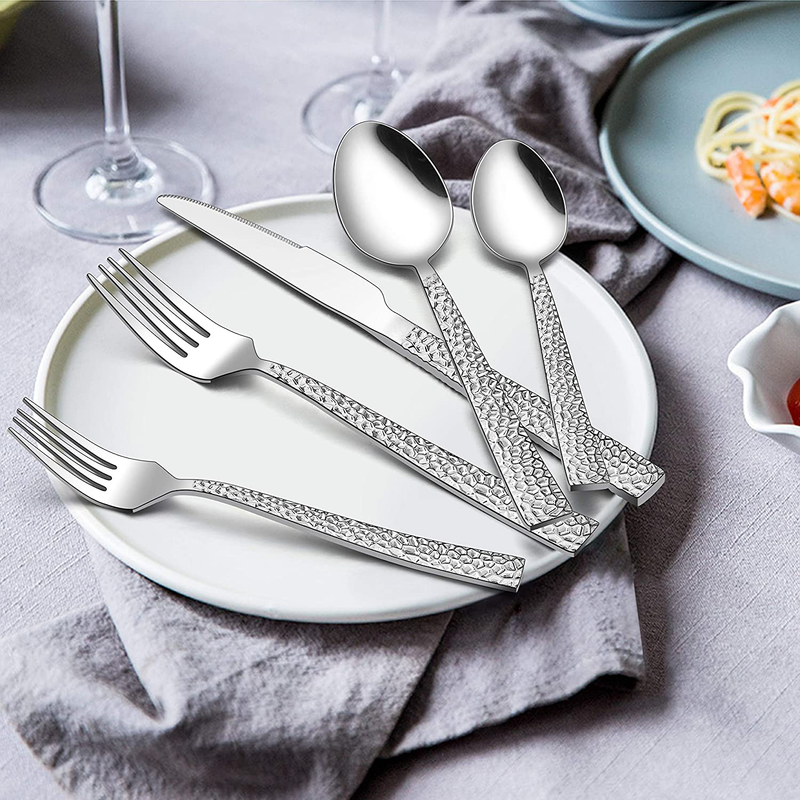 E-far 65-Piece Silverware Set with Serving Pieces, Stainless Steel Hammered Flatware Eating Utensils Service for 12, Modern Tableware Cutlery Set with Square Edge, Mirror Polished, Dishwasher Safe Home & Garden > Kitchen & Dining > Tableware > Flatware > Flatware Sets E-far   