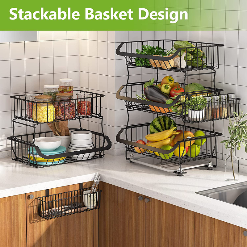Fruit Basket, 1Easylife 3 Tier Stackable Metal Wire Basket Cart with Rolling Wheels, Utility Rack for Kitchen, Pantry, Garage, with 2 Free Baskets (5 Tier)