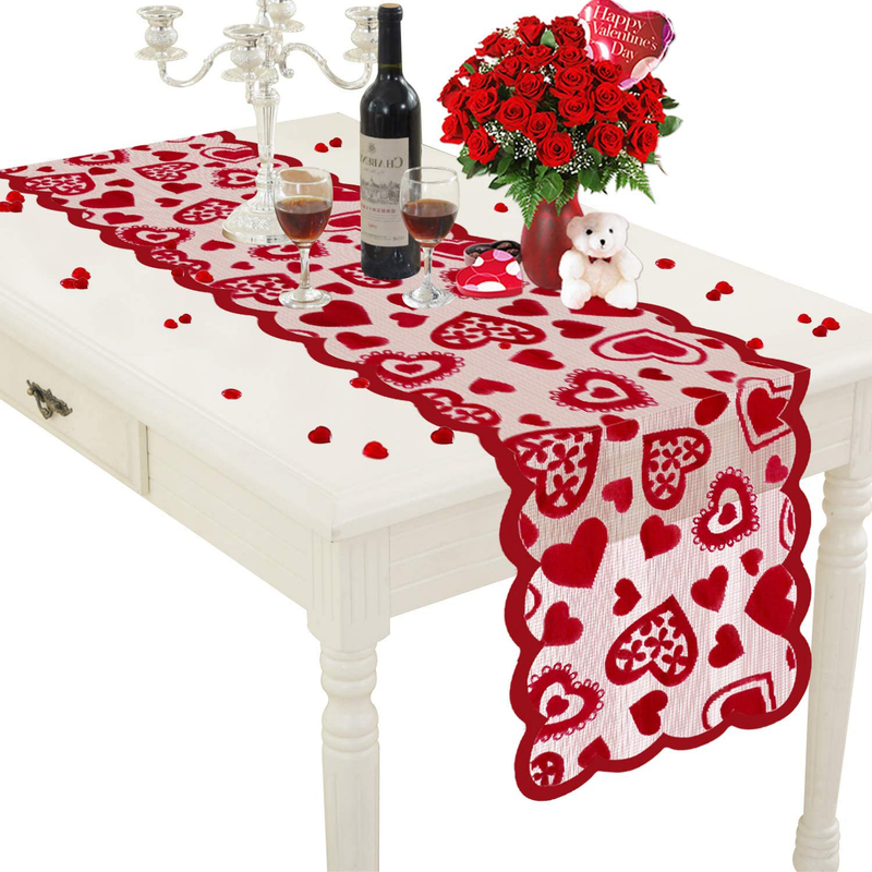 Mosoan Valentines Day Table Runner - 13 X 72 Inch Red Lace Table Runner for Wedding Party, Valentines Decorations - Valentines Day Decor Home Heart Table Runner