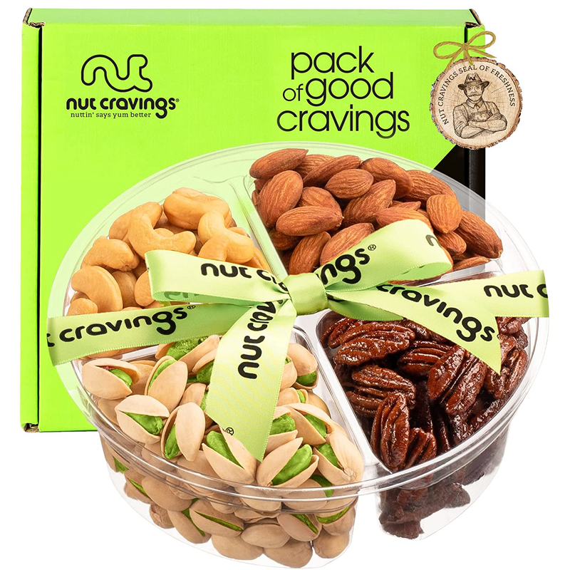 Nuts Gift Basket + Green Ribbon (7 Piece Set, 1.8 LB) Valetines Day 2022 Idea Food Arrangement Platter, Birthday Care Package Variety, Healthy Tray, Kosher Snack Box for Adults Women Men Prime Home & Garden > Decor > Seasonal & Holiday Decorations Nut Cravings A - Medium (1 LB)  