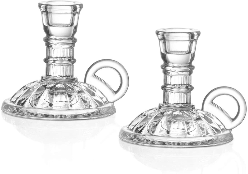 Glass Chamberstick Candle Holder - Antique Candlestick Style with Handle, Fits Standard Taper Candles, 4 Inch Tall, Clear Glass, Fall/Thanksgiving Centerpiece, Vintage Window Decoration - Set of 2 Home & Garden > Decor > Home Fragrance Accessories > Candle Holders LampLust   