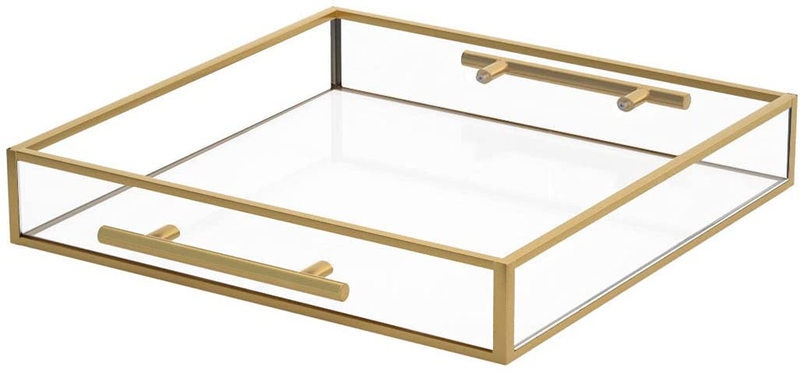 NIUBEE Clear Serving Tray 12x16 Inches -Spill Proof- Acrylic Decorative Tray Organiser for Ottoman Coffee Table Countertop with Handles Home & Garden > Decor > Decorative Trays NIUBEE Gold 12x12 