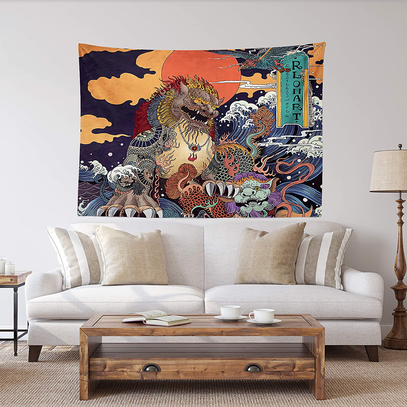 Spanker Space Ukiyoe Red White and Blue Japanese Mythical Creature The Great Waves Godzilla Fabric Tapestry 60 x 80 inches Wall Hangings with Hanging Accessories for Wall Art Home Dorm Decor Home & Garden > Decor > Artwork > Decorative Tapestries SPANKER SPACE Mythical Creaturelight 48" L x 60" W 