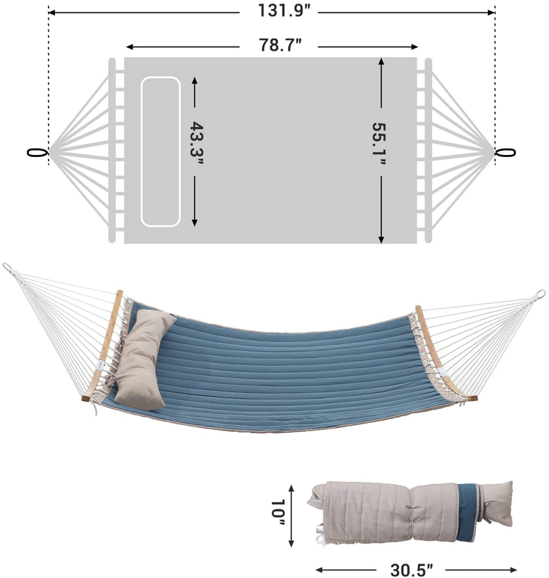 SONGMICS Hammock, Padded Double Hammock, Quilted Hammock with Hanging Straps, Detachable Curved Spreader Bars, Pillow, 78.7 x 55.1 Inches, Load Capacity 495 lb, Blue and Beige UGDC034I01 Home & Garden > Lawn & Garden > Outdoor Living > Hammocks SONGMICS   
