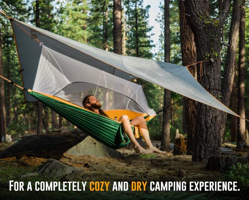 Ryno Tuff Camping Hammock with Mosquito Net And Rain Fly - Double Hammock with Bug Net and Tarp, Reinforced Not to Tear But Still Lightweight, Extra Pocket, Safe Tree Straps, and Heavy Duty Carabiners