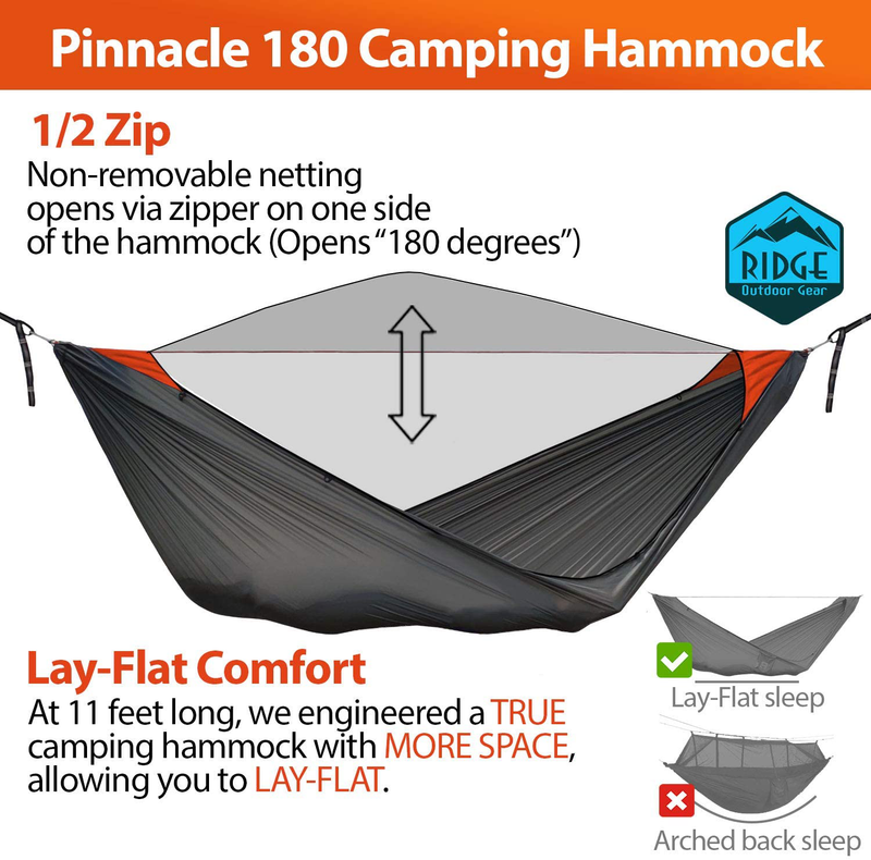 Ridge Outdoor Gear 11ft Camping Hammock with Mosquito Net - Pinnacle 180 Ultralight Hammock Tent Bundle with Bug Netting, Straps, and Carabiners Half-Zip Style