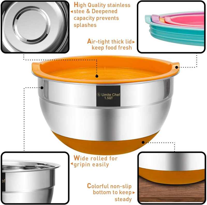 Mixing Bowls with Airtight Lids, 6 piece Stainless Steel Metal Bowls by Umite Chef, Colorful Non-Slip Bottoms Size 7, 3.5, 2.5, 2.0,1.5, 1QT, Great for Mixing & Serving Home & Garden > Kitchen & Dining > Cookware & Bakeware Umite Chef   
