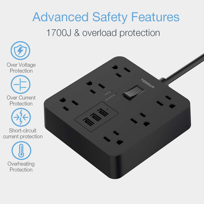 Power Strip with USB, TESSAN Desktop 5 Ft Extension Cord Flat Plug with 6 Widely Spaced Outlets, Built-in 1700J Surge Protector for Home and Office Accessories, Black Electronics > Electronics Accessories > Adapters TESSAN   