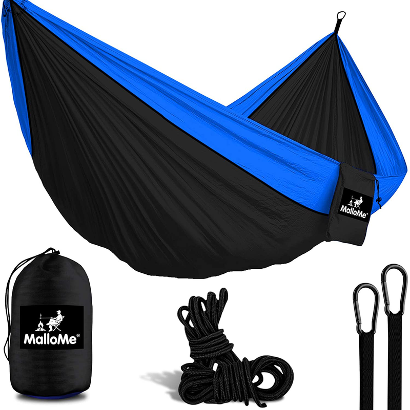 MalloMe Camping Hammock with Ropes - Double & Single Tree Hamock Outdoor Indoor 2 Person Tree Beach Accessories _ Backpacking Travel Equipment Kids Max 1000 lbs Capacity - Two Carabiners Free Home & Garden > Lawn & Garden > Outdoor Living > Hammocks MalloMe Black & Blue 2 Person 