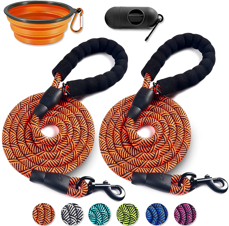 COOYOO 2 Pack Dog Leash 5 FT Heavy Duty - Comfortable Padded Handle - Reflective Dog Leash for Medium Large Dogs with Collapsible Pet Bowl Animals & Pet Supplies > Pet Supplies > Dog Supplies COOYOO Non-reflective-2 Pack Orange 0.5in. x 6ft.(for dogs weight 18-120lbs.) 