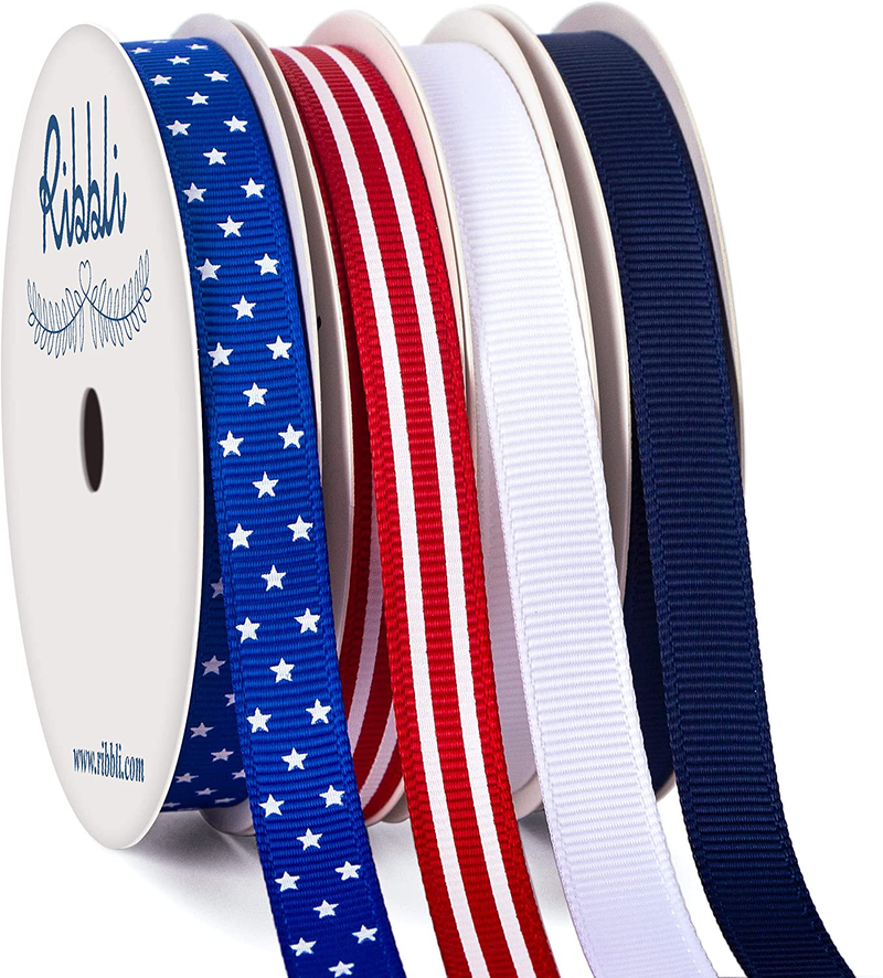 Ribbli 4 Rolls Patriotic Grosgrain Ribbon,3/8 Inches,Total 40 -Yards,Red/White/Blue/Navy,Stars and Stripes Ribbon,Use for Memorial Day, Veterans Day, 4th of July, President's Day, USA Decorations