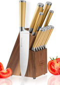 Gold Knife Set with Walnut Knife Block, 13-piece Kitchen Knives Stainless Steel Gold Knives Set, Full Tang, Knives Gold - Gold Kitchen Accessories Home & Garden > Kitchen & Dining > Kitchen Tools & Utensils > Kitchen Knives STYLED SETTINGS Gold  