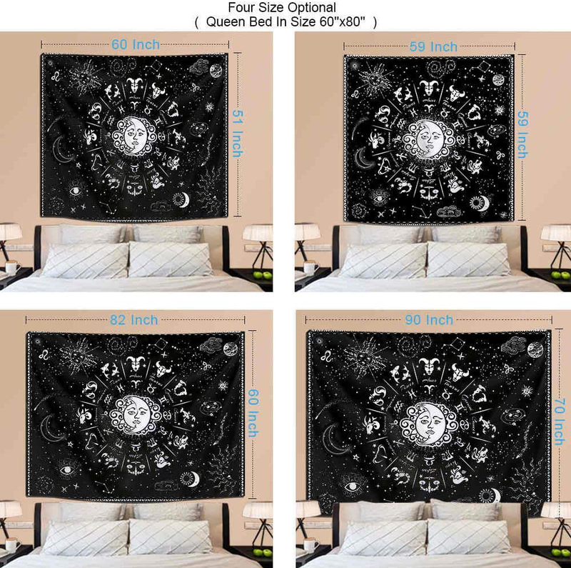Funeon Sun and Moon Zodiac Tapestry Wall Hanging Black and White Constellation Tapestry Astrology for Bedroom Witchy Tapestries Indie Room Decor Teen Girl Small Dorm College Tapestry 51x60inch