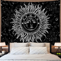 Sun and Moon Tapestry Psychedelic Burning Sun with Stars Wall Tapestry Black and White Celestial Tapestry Mystic Fractal Faces Tapestry Wall Hanging for Bedroom(Medium,Sun Moon)