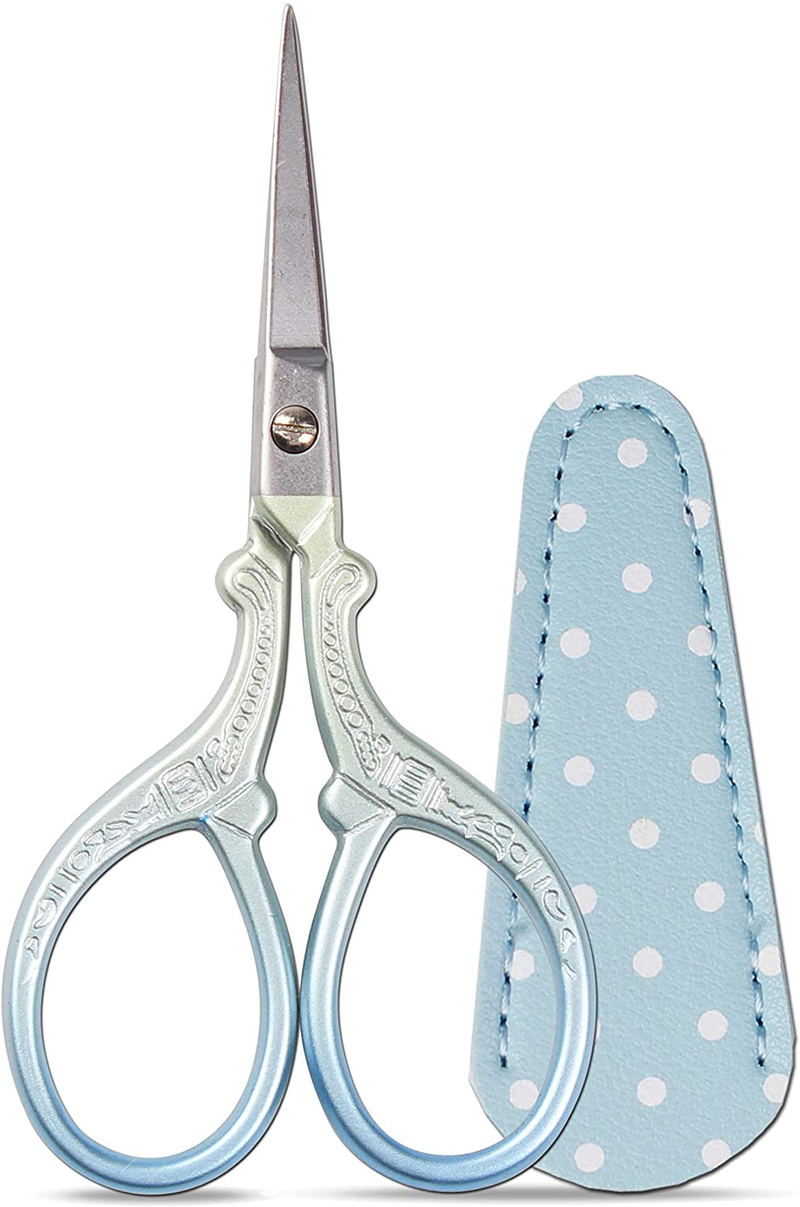 Hisuper Embroidery Scissors Set with Leather Sheaths for Sewing Crafting, Art Work, Threading, Needlework DIY Tools Dressmaker Small 3.6 inch Shears Cross Stitch Knitting Scissor Arts & Entertainment > Hobbies & Creative Arts > Arts & Crafts > Art & Crafting Tools > Craft Measuring & Marking Tools > Stitch Markers & Counters Hisuper Blue Green 3.6 inch 