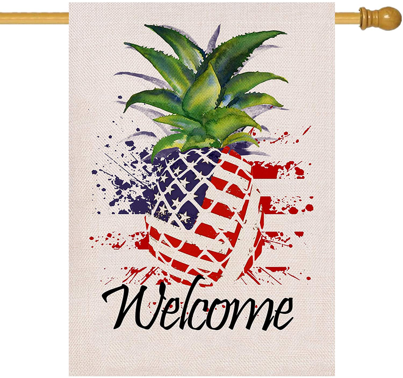 Covido Home Decorative Welcome House Flag, Spring Summer USA Garden Yard Lawn Pineapple Decor, July 4th American Patriotic Outside Decoration Seasonal Outdoor Large Burlap Flag Double Sided 12 x 18 Home & Garden > Decor > Seasonal & Holiday Decorations& Garden > Decor > Seasonal & Holiday Decorations Covido 28×40  