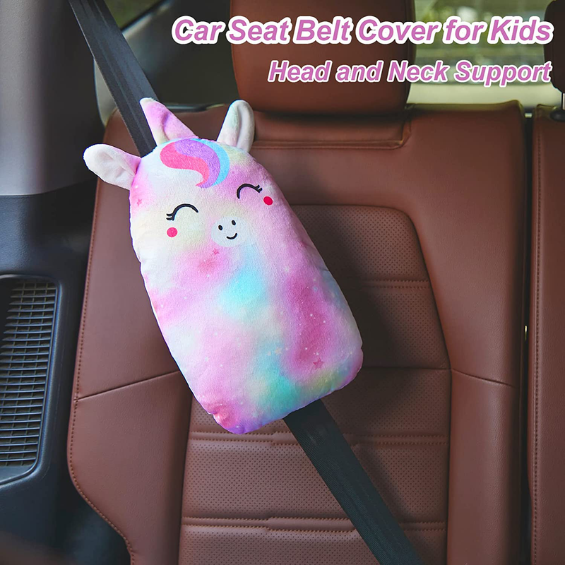 FIODAY Car Seat Belt Covers for Kids Unicorn Seat Belt Pillow Plush Soft Seat Belt Cushion Adjust Seat Strap Pillow Head Neck Support for Children Baby Boys Girls Travel