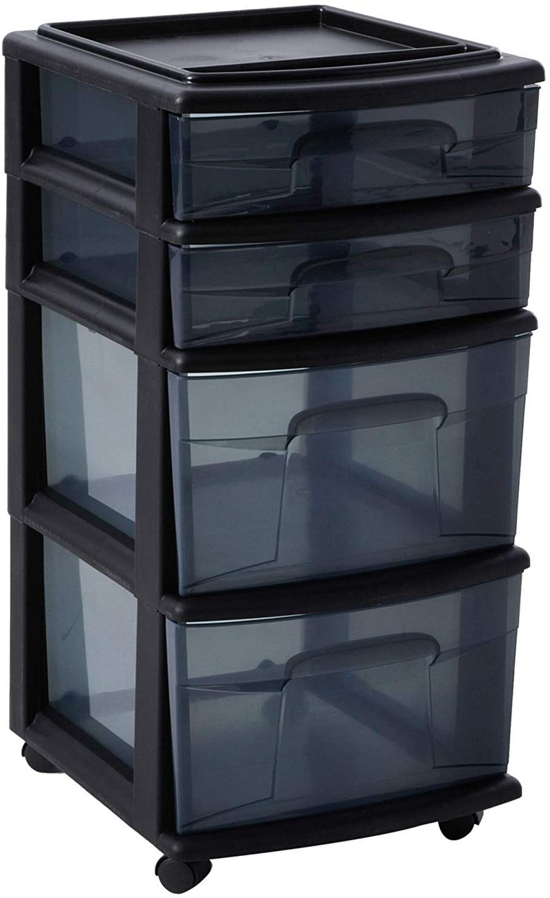 HOMZ Plastic 4 Drawer Medium Cart, Black Frame with Smoke Tint Drawers, Casters Included, Set of 1 Home & Garden > Household Supplies > Storage & Organization HOMZ Set of 1  