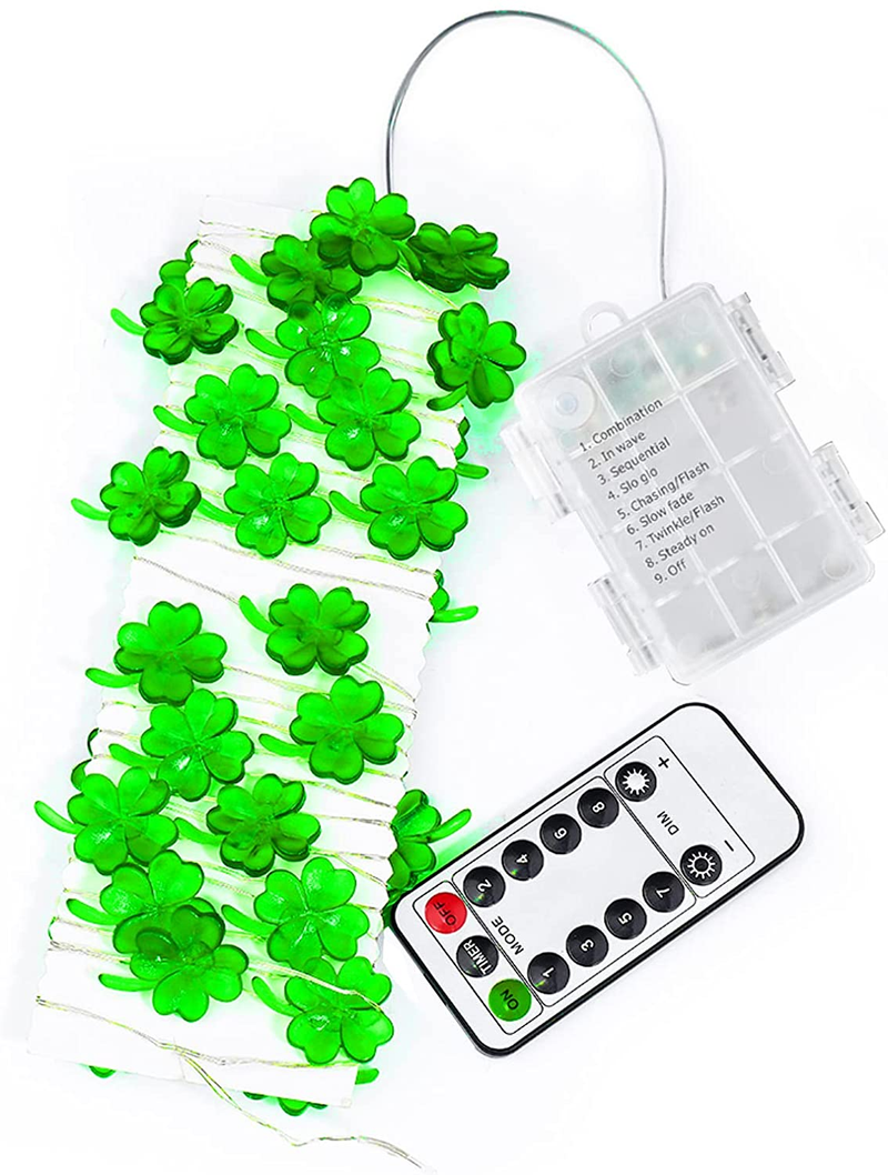 St. Patrick'S Day Lights Shamrock String Lights Battery Operated 10 Feet 40 Leds 8 Mode with Remote Lucky Clover Silver Wire Mini Fairy Lights for Bedroom Party Feast Green Day Decorations Arts & Entertainment > Party & Celebration > Party Supplies Yiaht   