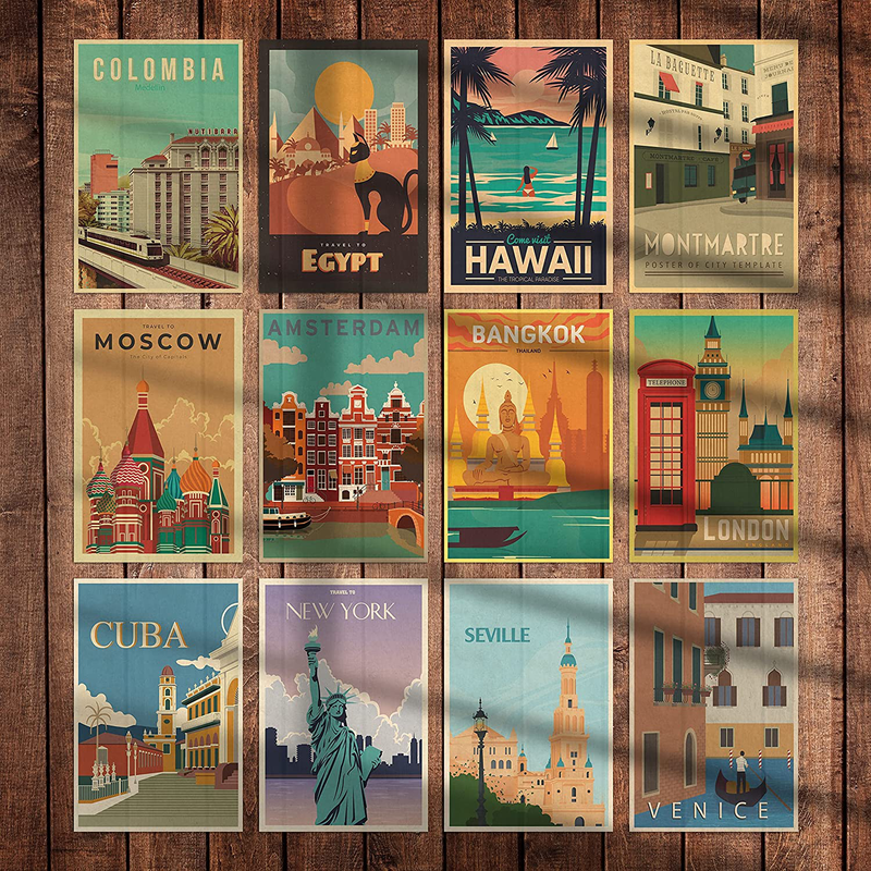 HK Studio Vintage Travel Posters for Dorm, Teen Bedroom - Self Adhesive, Easy Peel and Stick - Retro Landscape Wall Art - Popular City Posters for Wall Collage Kit 7.8"X11.8", Pack 12 Home & Garden > Decor > Artwork > Posters, Prints, & Visual Artwork HK Studio   
