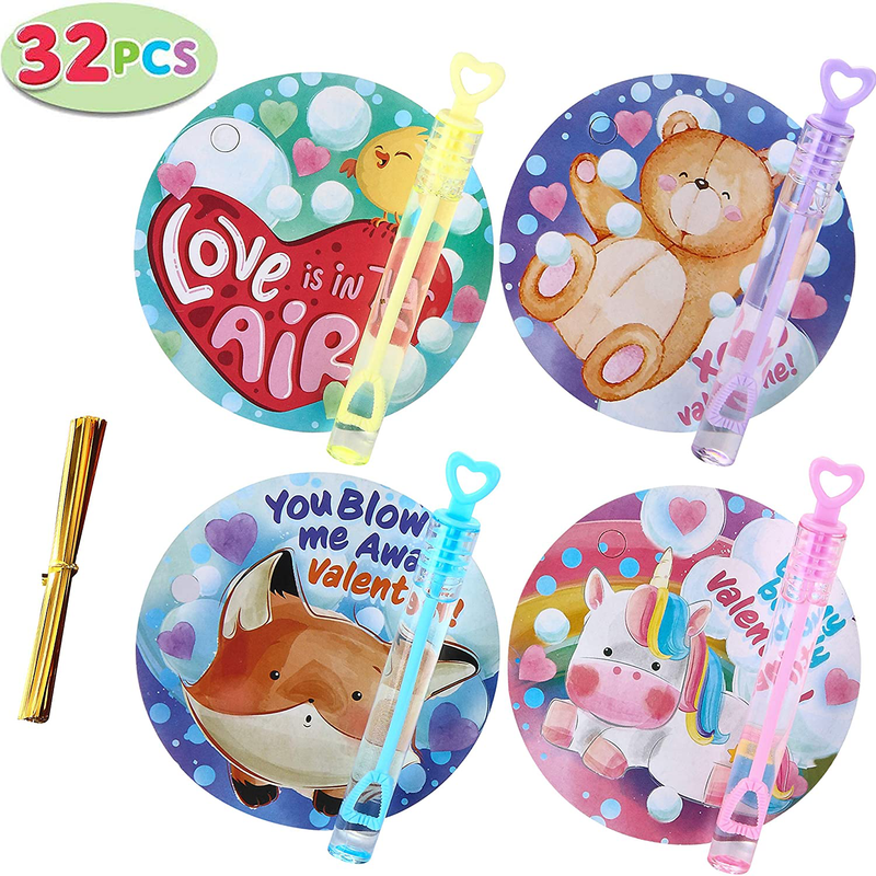 JOYIN 32 Pcs Valentines Dy Gift Cards with Mini Bubble Maker Wands for Kids Valentine Party Favor Toys, Valentine'S Classroom Exchange