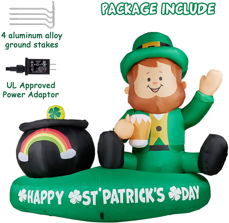 HOOJO 6 FT Length St Patricks Day Decorations, Outdoor Decor St Patricks Day Inflatables Decorations for the Home, Leprechaun with Gold Coin Pot Build-In LED for Holiday Lawn, Yard Decor, Garden