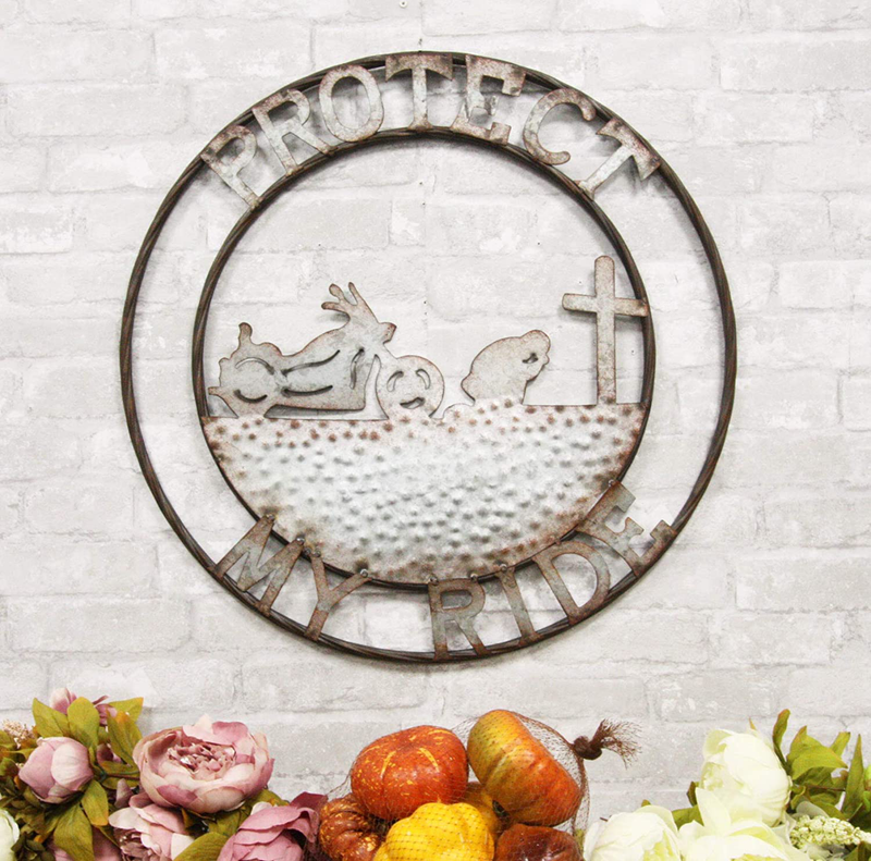 Ebros Gift Oversized 24" Wide Vintage Rustic Round Sign Braided Rope Galvanized Metal Circle Wall Decor 3D Art Decorative Greeting Plaque Western Country Ranch Home (Praying Biker Protect My Ride) Home & Garden > Decor > Artwork > Sculptures & Statues Ebros Gift   