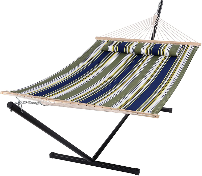 SUNCREAT 55 Inch Extra Large Double Hammock with Stand, 475lbs Capacity, Outdoor Portable Hammock with Hardwood Spreader Bar, Extra Large Pillow, Grey